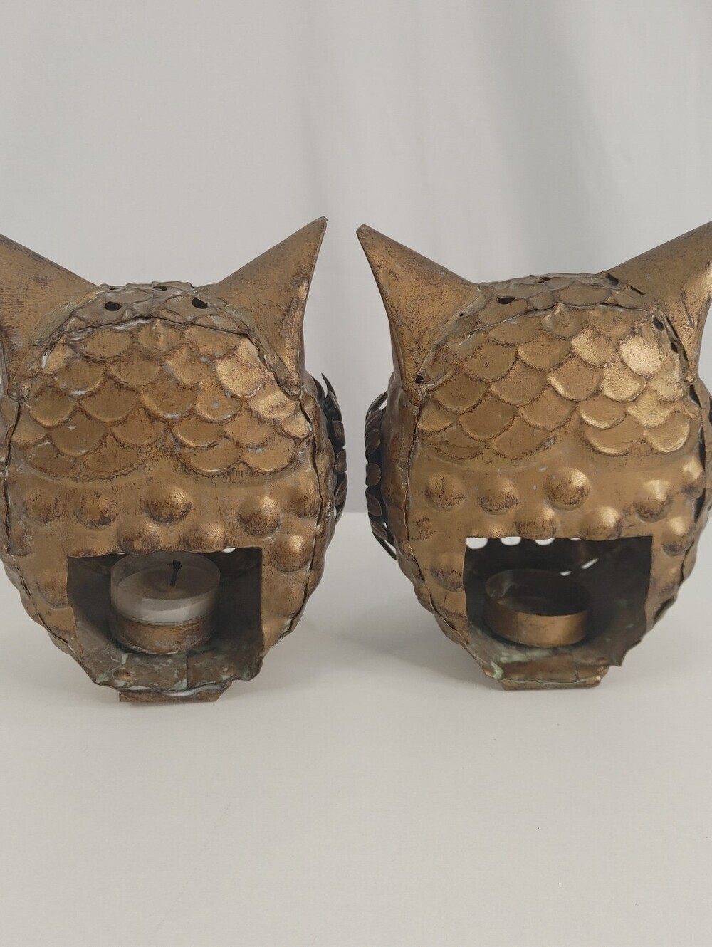 Vintage Metal Owl Tealight Candle Holders Pair 1970s Amber Glass Eyes 5.5" Retro - Picture 5 of 9
